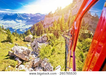 Mount Pilatus Descent On Worlds Steepest Cogwheel Railway, Tourist Landscape Of Switzerland