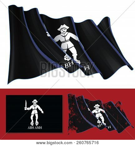 Vector Illustration Of A Waving Jolly Roger Of Black Bart. A Textured Version And The Flat Flag Desi