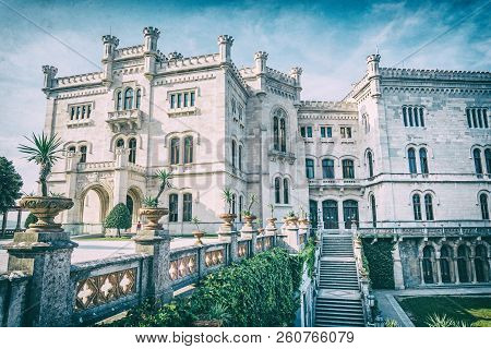 Miramare Castle Near Trieste, Northeastern Italy. Travel Destination. Beautiful Architecture. Analog