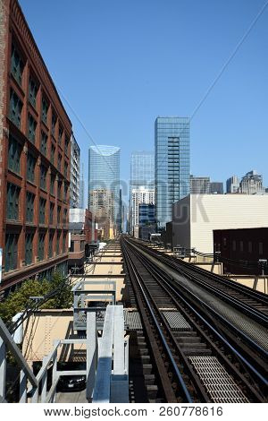 Chicago Transit Elevated Subway Train Tracks, Railroad Tracks Running Eastbound Parallel Off Into Th