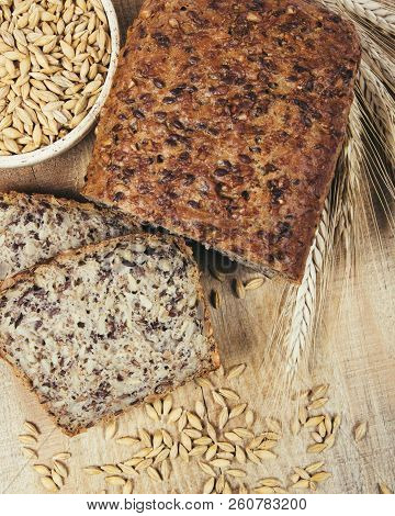 Multi-grain Bread On A Wooden Background. Healthy Food Concept.
