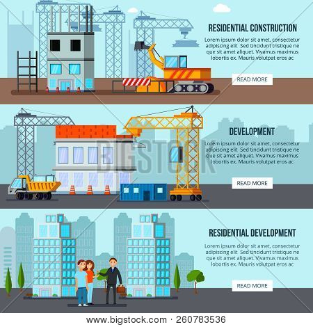 Set Of Flat Horizontal Banners Sky Scraper Construction Building Site And Residential Development Is