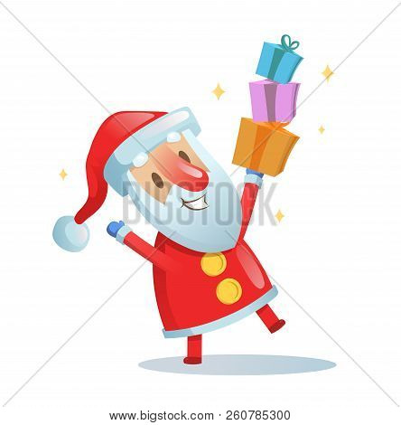 Funny Santa Dancing. Cartoon Christmas Card. Flat Vector Illustration. Isolated On White Background.