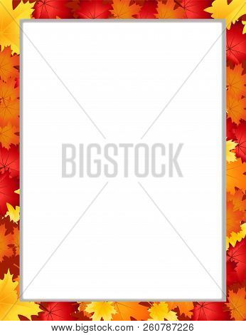 Vector Vertical Photo Frame, Border With Fallen Autumn Leafage On White Background With Copy Space F