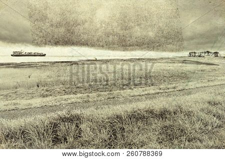 Big Ship Navigating In North Sea In Holland. Containership Is Heading For The North Sea. Vintage Sty