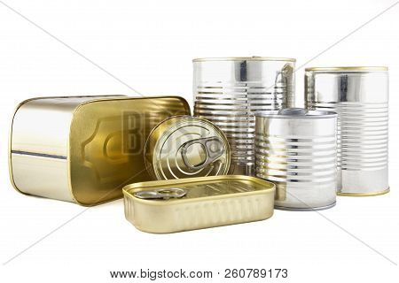 Food Canned In Metal Cans On White Background