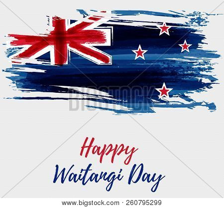 Happy Waitangi Day - New Zealand Holiday. Abstract Painted Grunge Flag Of New Zealand. Template For 