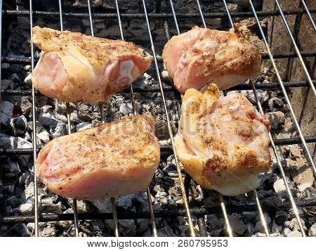 Beautiful Tasty Food From Slice Grilled Chicken Meats, Roast On Metal Brazier. Meat Of Bird With Cri