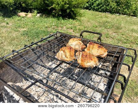 Beautiful Tasty Food From Slice Grilled Chicken Meats, Roast On Metal Brazier. Meat Of Bird With Cri
