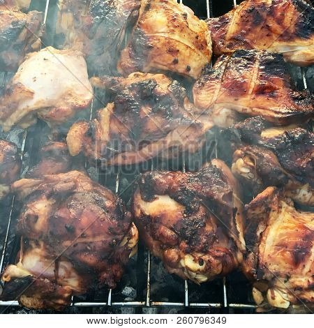 Beautiful Tasty Food From Slice Grilled Chicken Meats, Roast On Metal Brazier. Meat Of Bird With Cri