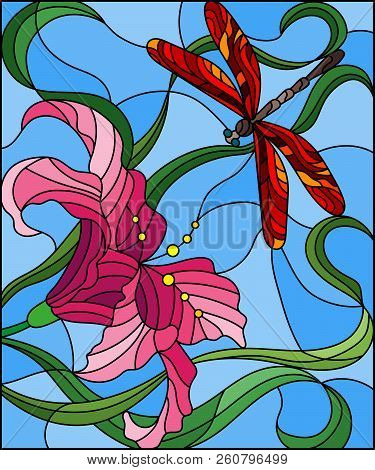 Illustration In Stained Glass Style With Bright Red  Dragonfly Against The Sky, Foliage And Flower O