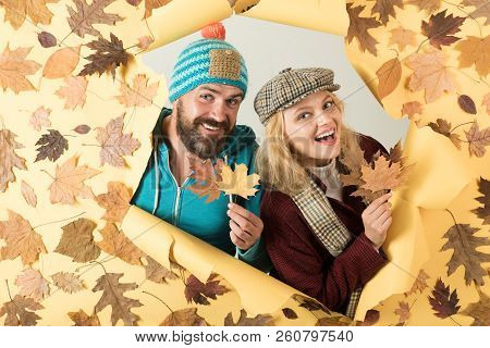 Fashion Portrait Of Beautiful Sensual Couple With Leaves On Autumn Leaves Background. Happy People. 