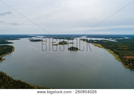 Aerial View From High Altitude Of The Archipelago Outside Tammisaari Finland On A Day Without Sunshi