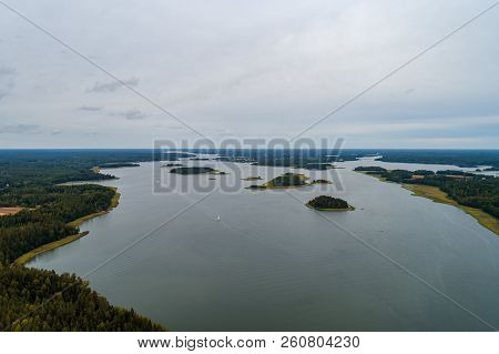 Aerial View From High Altitude Of The Archipelago Outside Tammisaari Finland On A Day Without Sunshi