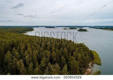 Aerial View From High Altitude Of The Forest And Archipelago Outside Tammisaari Finland On A Day Wit