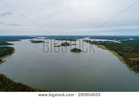 Aerial View From High Altitude Of The Archipelago Outside Tammisaari Finland On A Day Without Sunshi