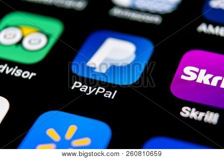 Sankt-petersburg, Russia, September 30, 2018: Paypal Application Icon On Apple Iphone X Smartphone S