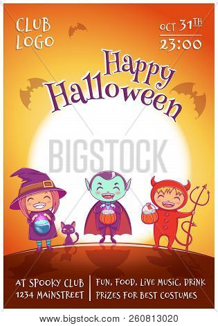 Halloween Poster With Kids In Costumes Of Witch, Vampire And Devil For Happy Halloween Party. On Jra