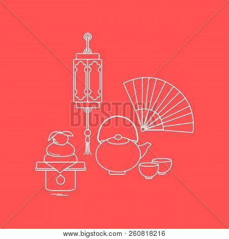 Eastern New Year Symbols. Chinese Lantern, Kettle With Two Cups, Fan, Kagami Mochi. Festive Traditio