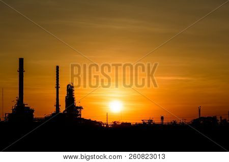 Oil Refineries And Evening Light. Sun Set