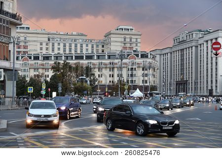 Moscow, Russia - September 22. 2018. Traffic On Theatrical Passage One Of Main Streets Of Capital
