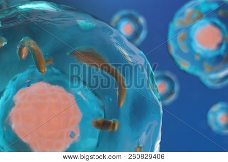 3d Illustration Cell Of A Living Organism, Scientific Concept. Illustration On A Blue Background. Th