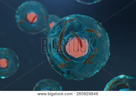 3d Illustration Cell Of A Living Organism, Scientific Concept. Illustration On A Blue Background. Th