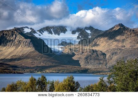 View Of Lyngen Alps Near The Tromso With Strupbreen Glacier - Tourist Attraction