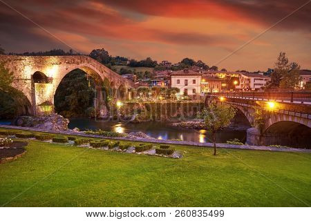 Cangas de Onis roman bridge on Sella river in Asturias of Spain