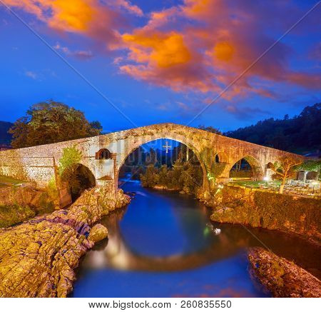 Cangas de Onis roman bridge on Sella river in Asturias of Spain
