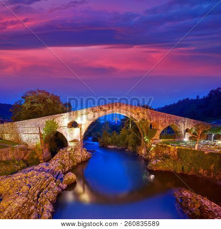 Cangas de Onis roman bridge on Sella river in Asturias of Spain