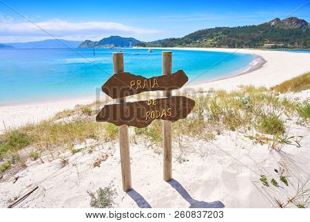 Praia de Rodas beach sign in islas Cies island in Vigo at Spain