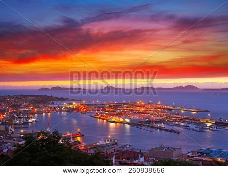 Vigo skyline and port sunset in Galicia of Spain