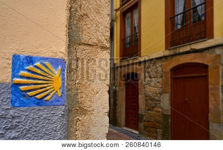 Camino de Santiago sign way of Saint James in Ribadesella Asturias of Spain