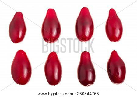 Red Berries Of Cornel Or Dogwood Isolated On White Background. Top View. Flat Lay. Set Or Collection