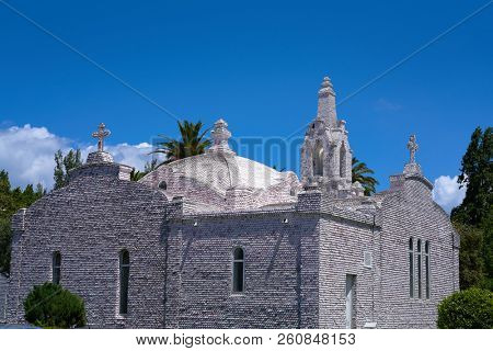 La toja island Toxa Chapel made of sea shells in Pontevedra Galicia Spain
