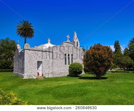 La toja island Toxa Chapel made of sea shells in Pontevedra Galicia Spain