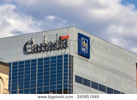 Ottawa, Canada - May 5, 2018: Canada Writing And Rbc Royal Bank Of Canada Sign And Logo On A Buildin