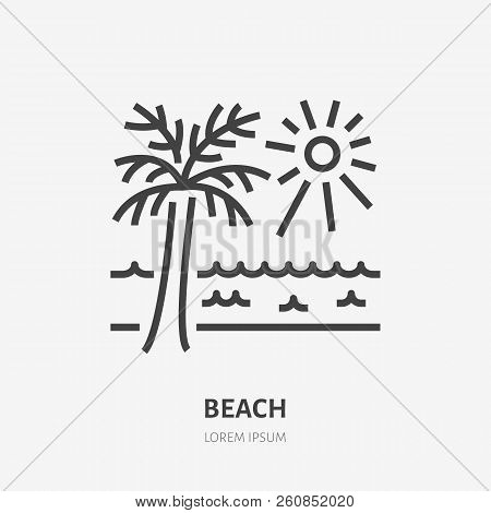 Beach Flat Line Icon. Vector Sign Of Sea, Palm And Sun, Summer Resort Oline Logo