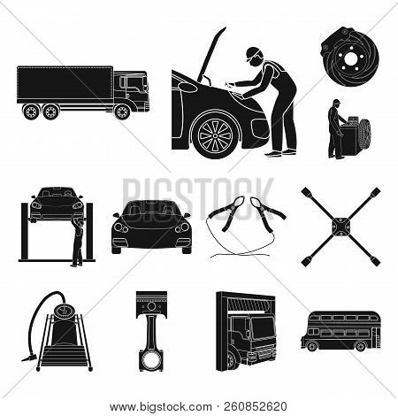 Car, Lift, Pump And Other Equipment Black Icons In Set Collection For Design. Car Maintenance Statio