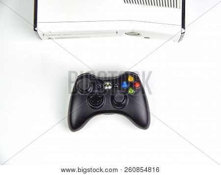 Montreal, Canada - September 8, 2018: Xbox 360 Video Gaming Console With A Controller On A Table. Th