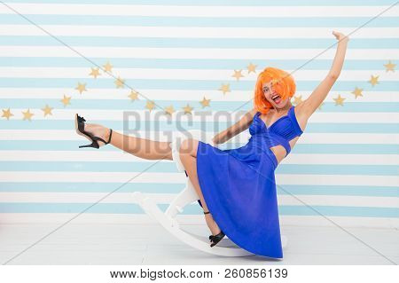 Pinup Girl Ride Toy Horse. Pinup Girl Enjoy Riding With Crazy Look. Crazy Fancy. Happy Birthday. Ret
