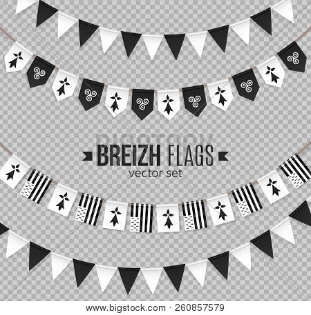 Black And White Breton Little Flags Garlands Vector Set. Pennants Of Brittany With Hermines And Tris