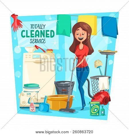 Home Cleaning Service, Vector. Cartoon Housewife Woman With Laundry In Washing Machine, Vacuum Clean