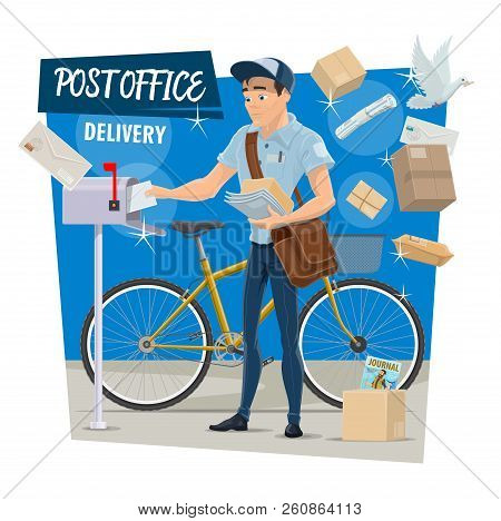 Postman On Post Mail Delivery Poster. Vector Design Of Postal Doves, Man From Postage Office With Bi