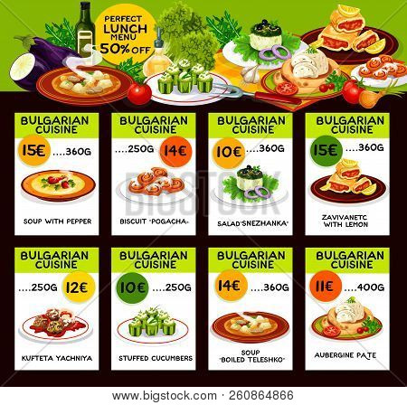 Bulgarian Cuisine Traditional Food Menu. Vector Lunch Offer Of Pepper Soup, Pogacha Biscuit And Snez