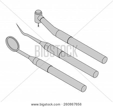Dental Tools Set. Mirror, Drill And Probe Isolated. Dentist Treatment. Dentistry Vector Illustration