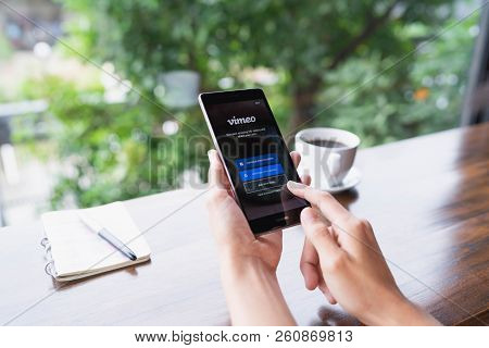 Chiang Mai, Thailand - August 18,2018: Woman Holding Huawei With Vimeo On Screen.  Vimeo Is A Video-