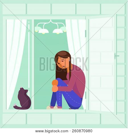 Depressed Girl On Window Sill Vector Flat Design