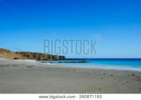 Vila Do Maio ,maio Island, Cape Verde - Jan 5 2016: Endless Beautiful Sandy Beach Shore Next Tu The 
